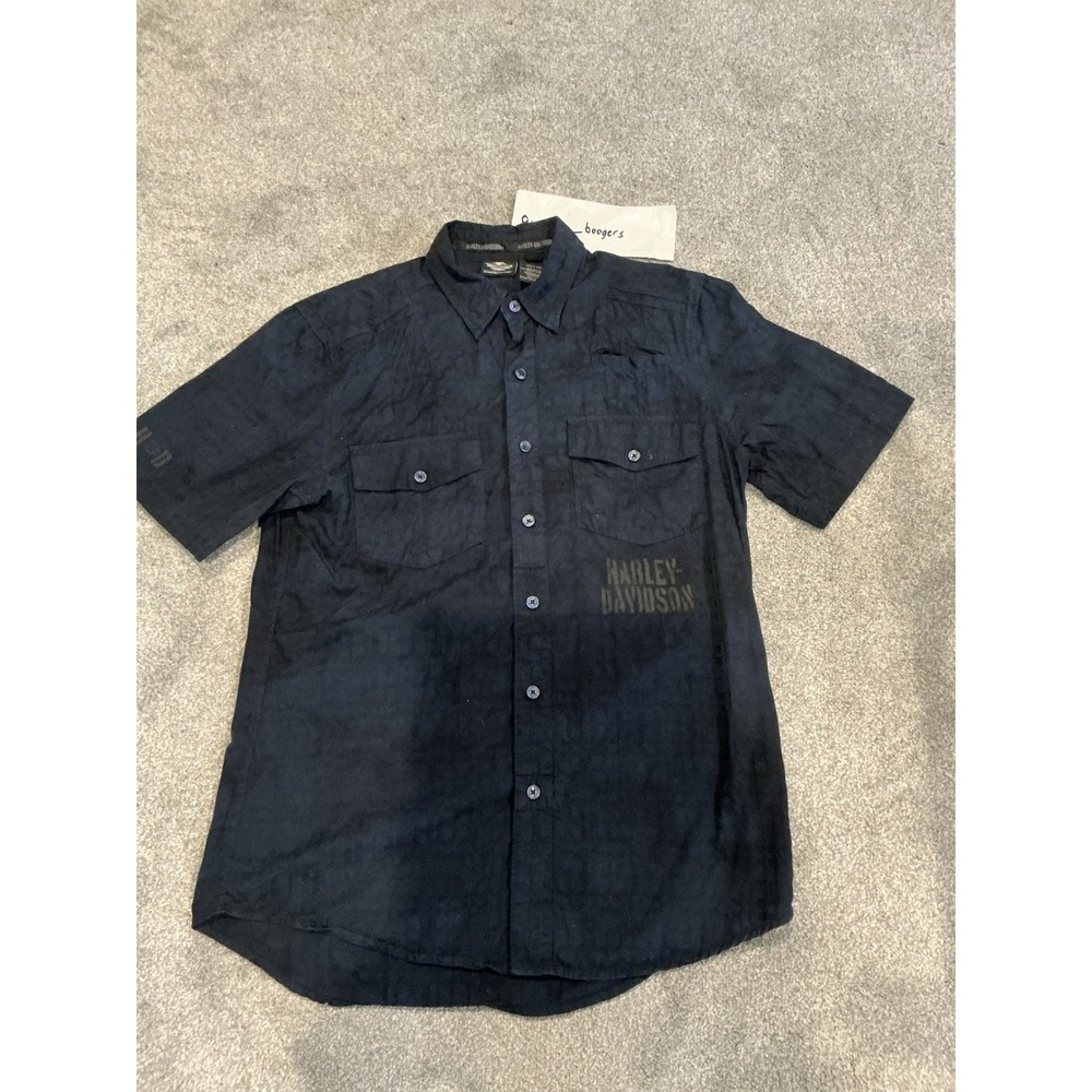 HARLEY DAVIDSON Mens M Navy Blue‎ Collared button Down Shirt garage textured